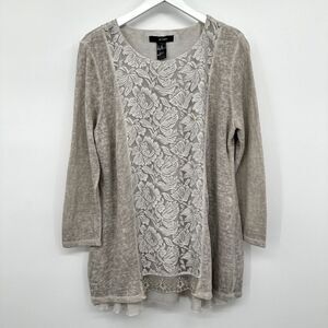 Ali Miles Tunic Top Shirt Blouse Size Large Gray Lace Overlay Stretch 3/4 Sleeve